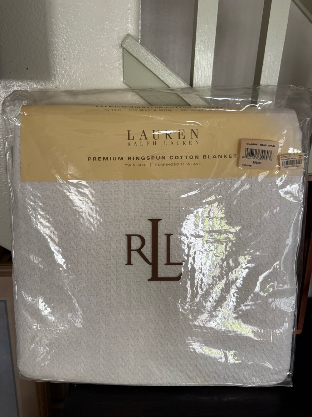 Ralph Lauren White Herringbone Cotton Blanket with Brown RLL Logo